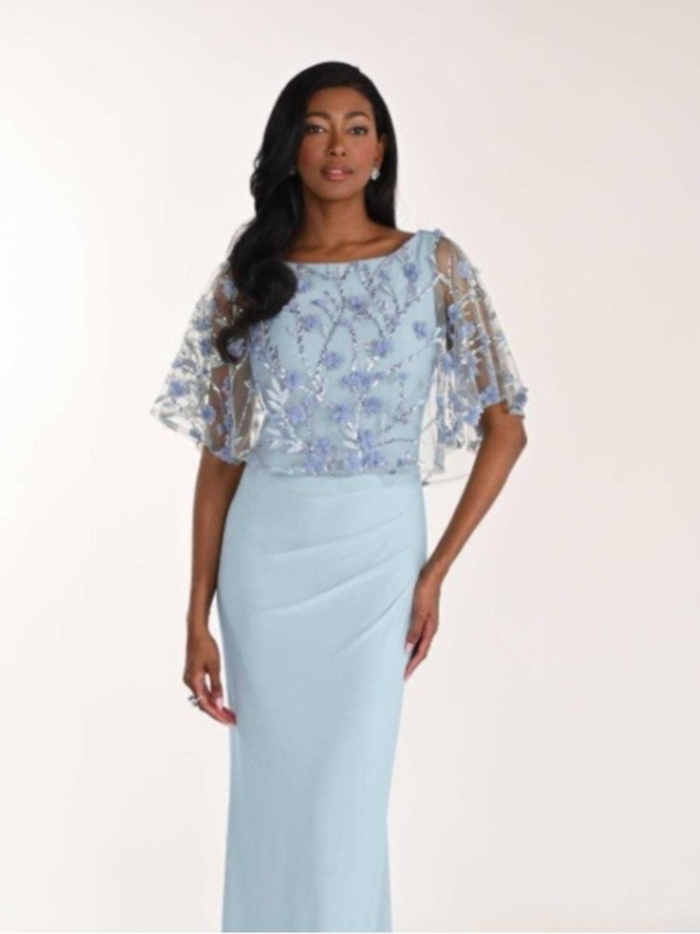 Frank Lyman Design Pale Blue Embroidered Sheer Cape Evening Gown size 10